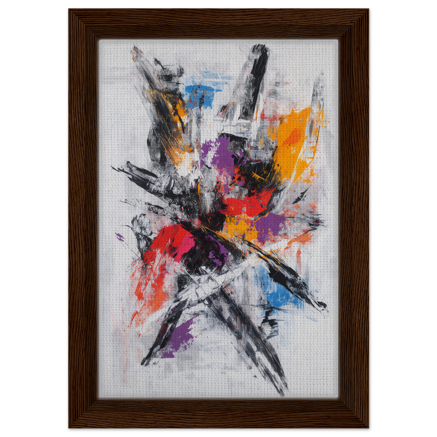 Abstract painting ’Chromatic Chaos Ballet’ with vibrant colors in wooden frame for room decor