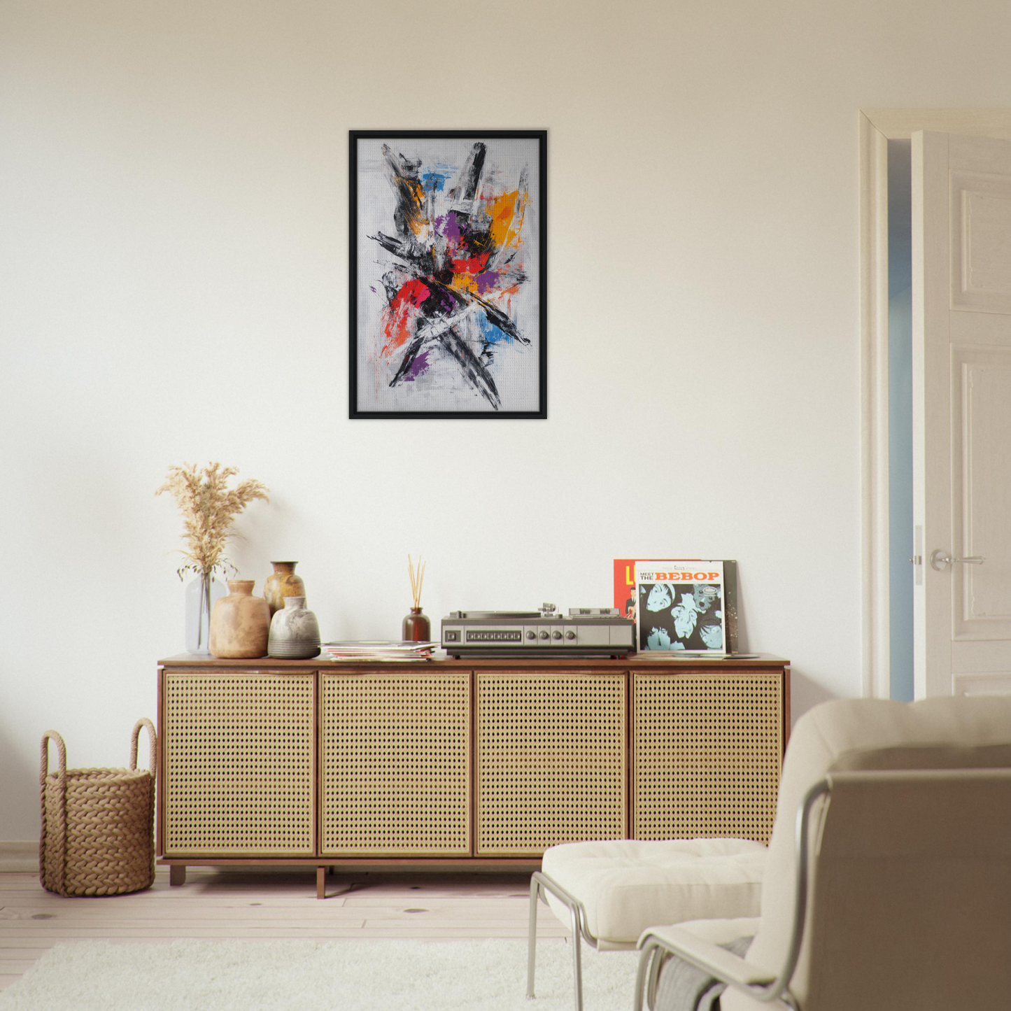 Wooden sideboard with cane-webbed doors and decorative items for Chromatic Chaos Ballet