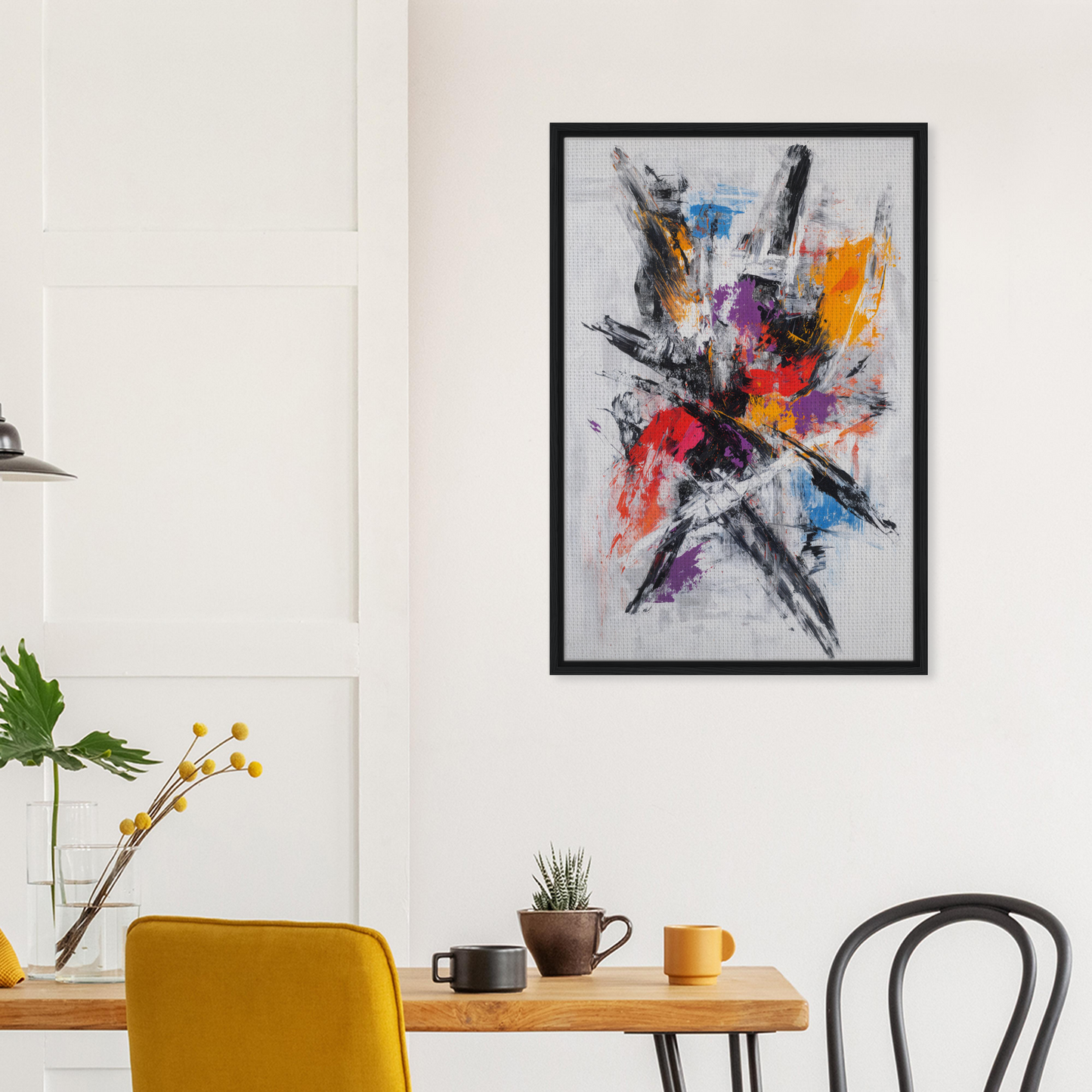 Vibrant abstract painting in black frame, part of Chromatic Chaos Ballet room decor