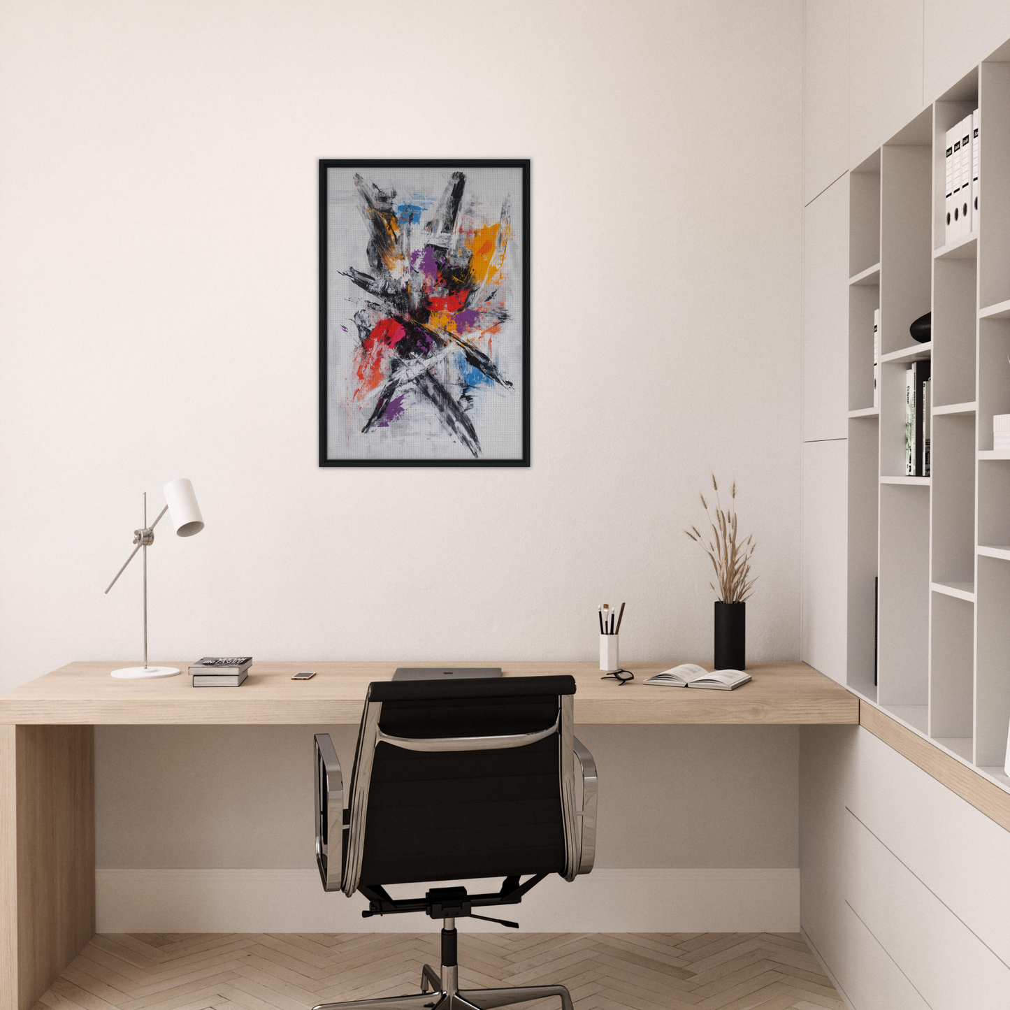 Minimalist home office featuring Chromatic Chaos Ballet framed canvas print and stylish decor