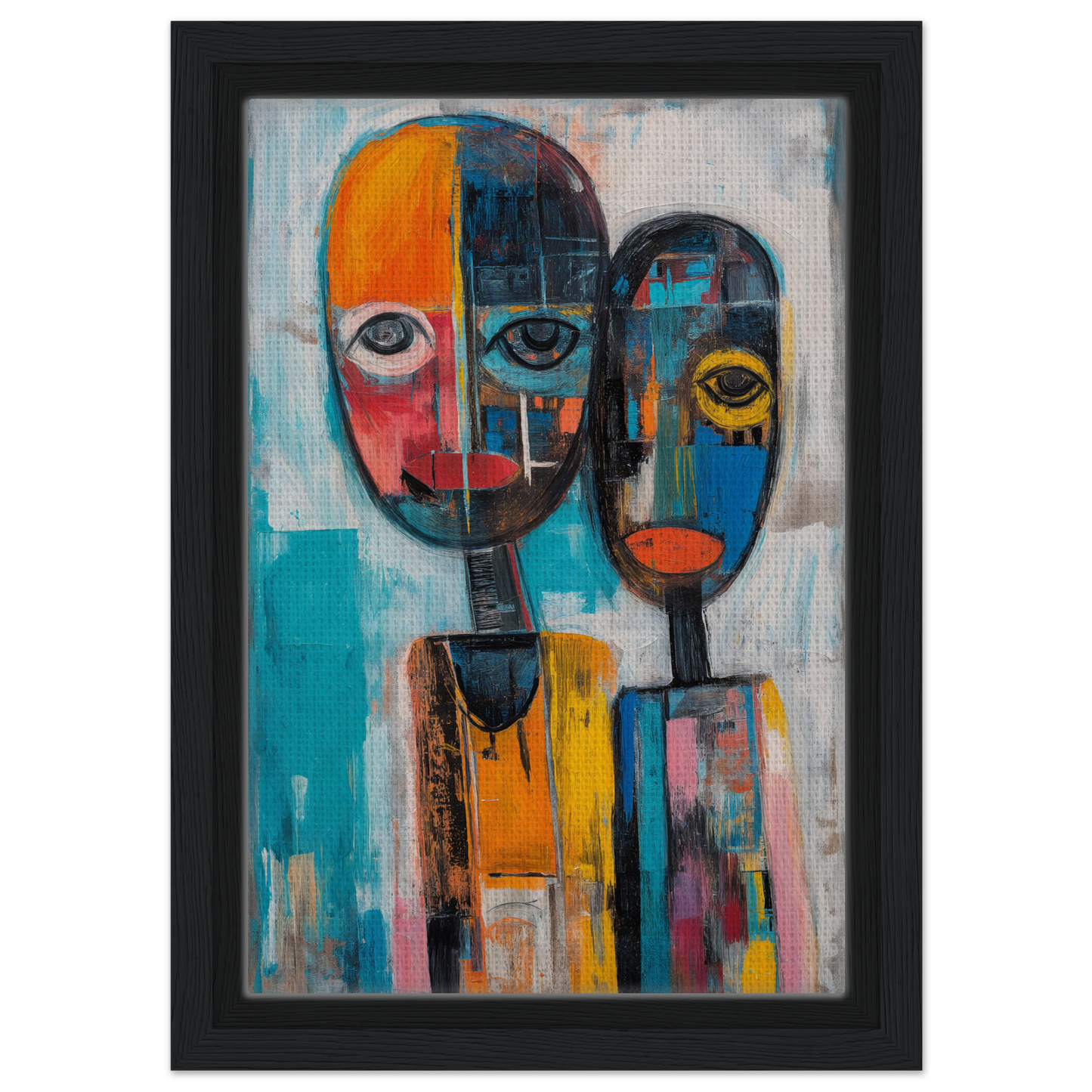 Abstract painting of stylized figures in a Chromatic Dreamscape for room decoration