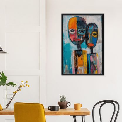 Abstract painting of stylized faces in vibrant colors for Chromatic Dreamscape Conversations