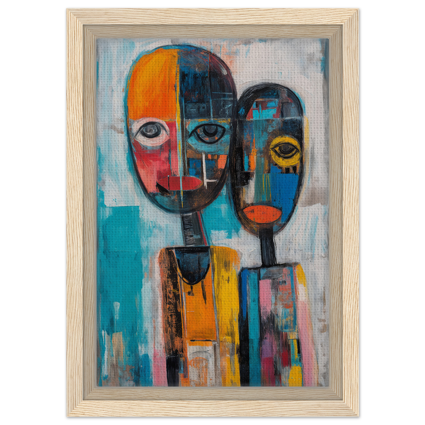 Abstract painting of two stylized figures in Chromatic Dreamscape Conversations for room decoration