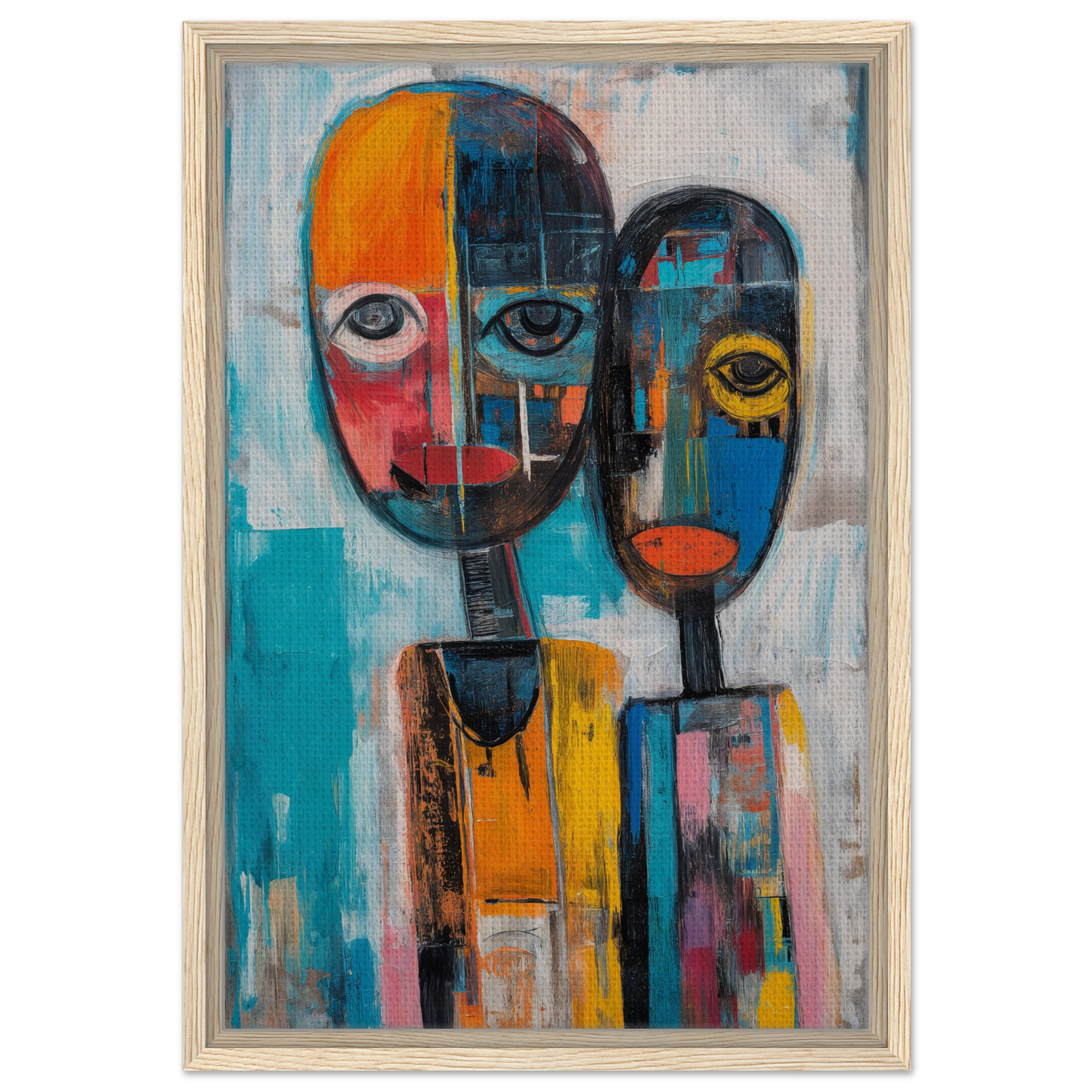 Abstract painting of two stylized faces in vibrant colors for Chromatic Dreamscape Conversations