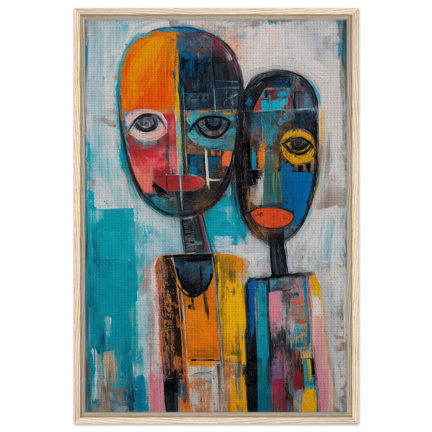 Abstract painting of stylized faces in vibrant colors for Chromatic Dreamscape Conversations