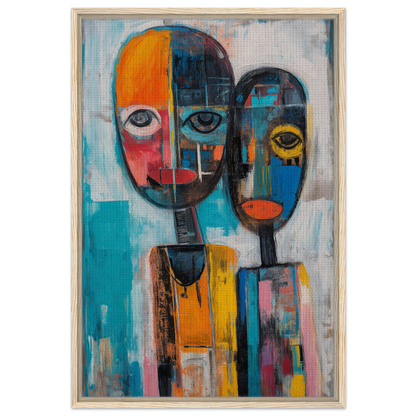 Abstract painting of stylized faces in vibrant colors for Chromatic Dreamscape Conversations