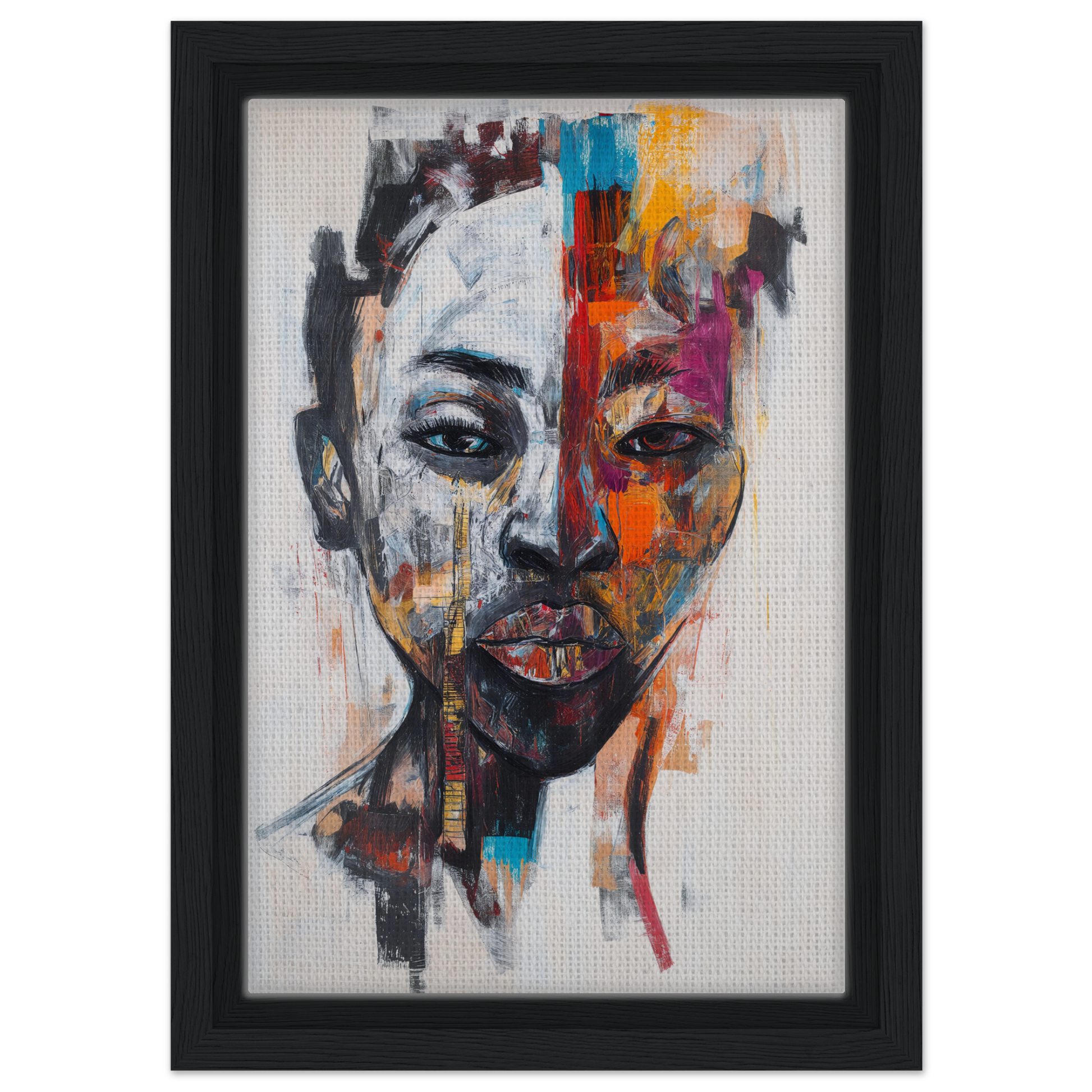 Abstract portrait in Chromatic Face Frenzy with vibrant brushstrokes on framed canvas print