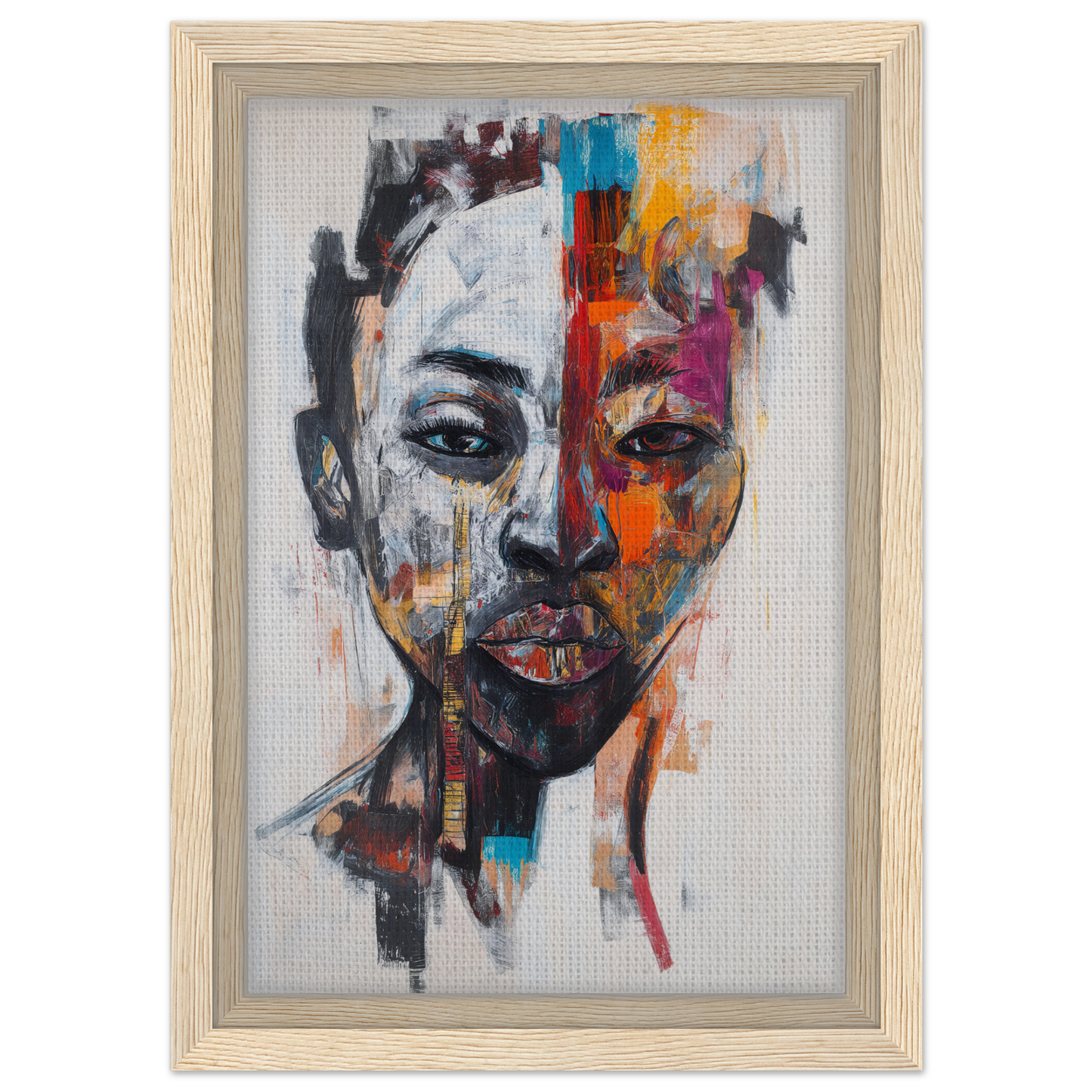 Vibrant abstract portrait in Chromatic Face Frenzy framed canvas print by Fashion Oracle