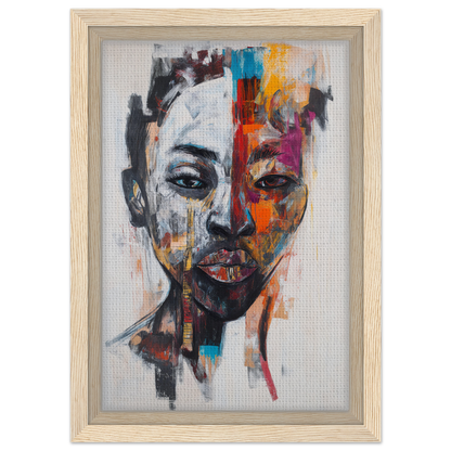 Vibrant abstract portrait in Chromatic Face Frenzy framed canvas print by Fashion Oracle