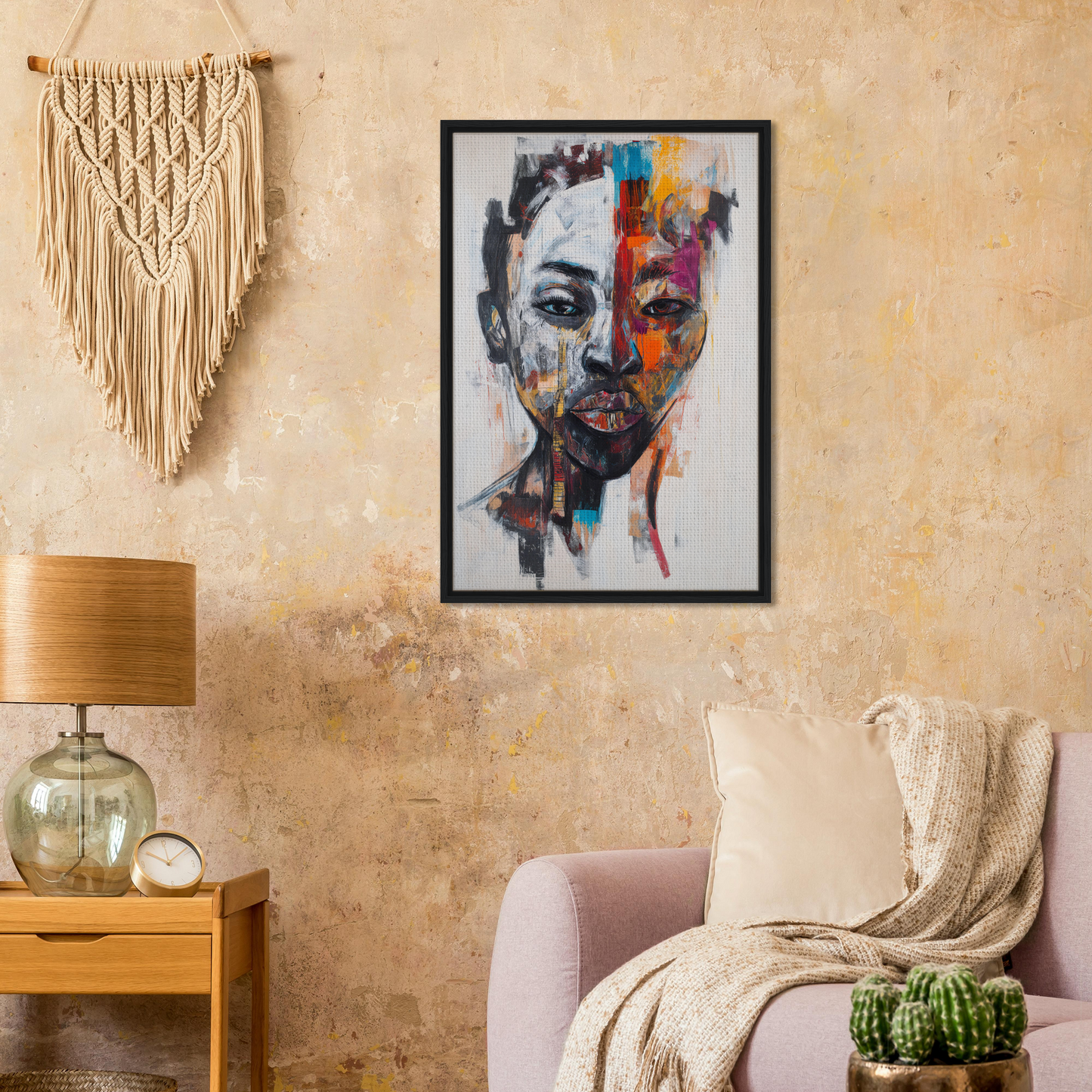 Framed abstract portrait in colorful and monochrome styles for Chromatic Face Frenzy room decor