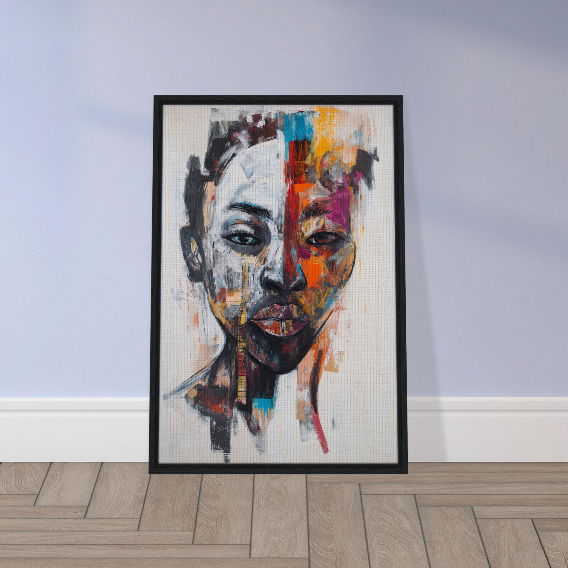 Framed canvas print of Chromatic Face Frenzy, showcasing vibrant colors and expressive brushstrokes