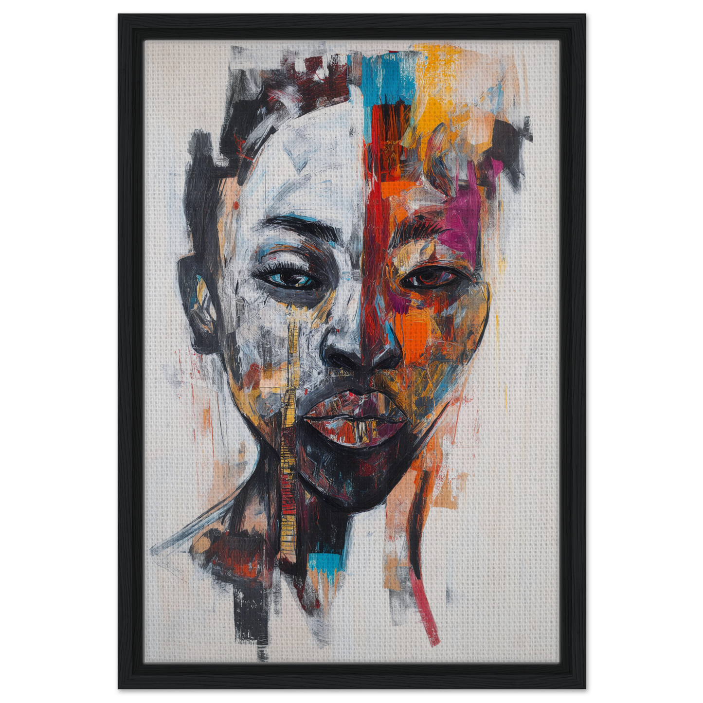 Abstract portrait painting of a face in vibrant colors for Chromatic Face Frenzy framed canvas print