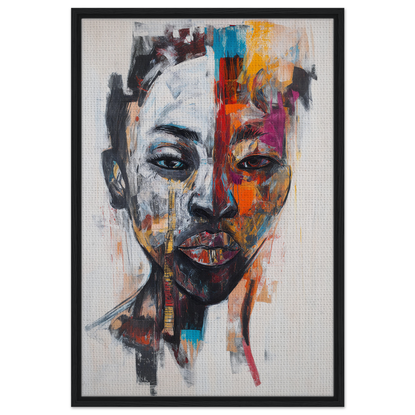 Abstract portrait in vibrant colors from Chromatic Face Frenzy framed canvas print