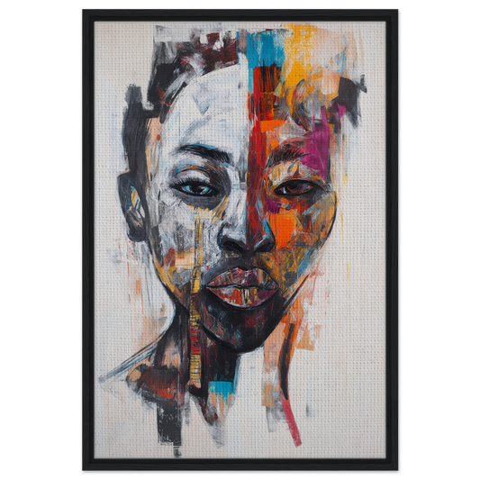 Abstract portrait in vibrant colors from Chromatic Face Frenzy framed canvas print