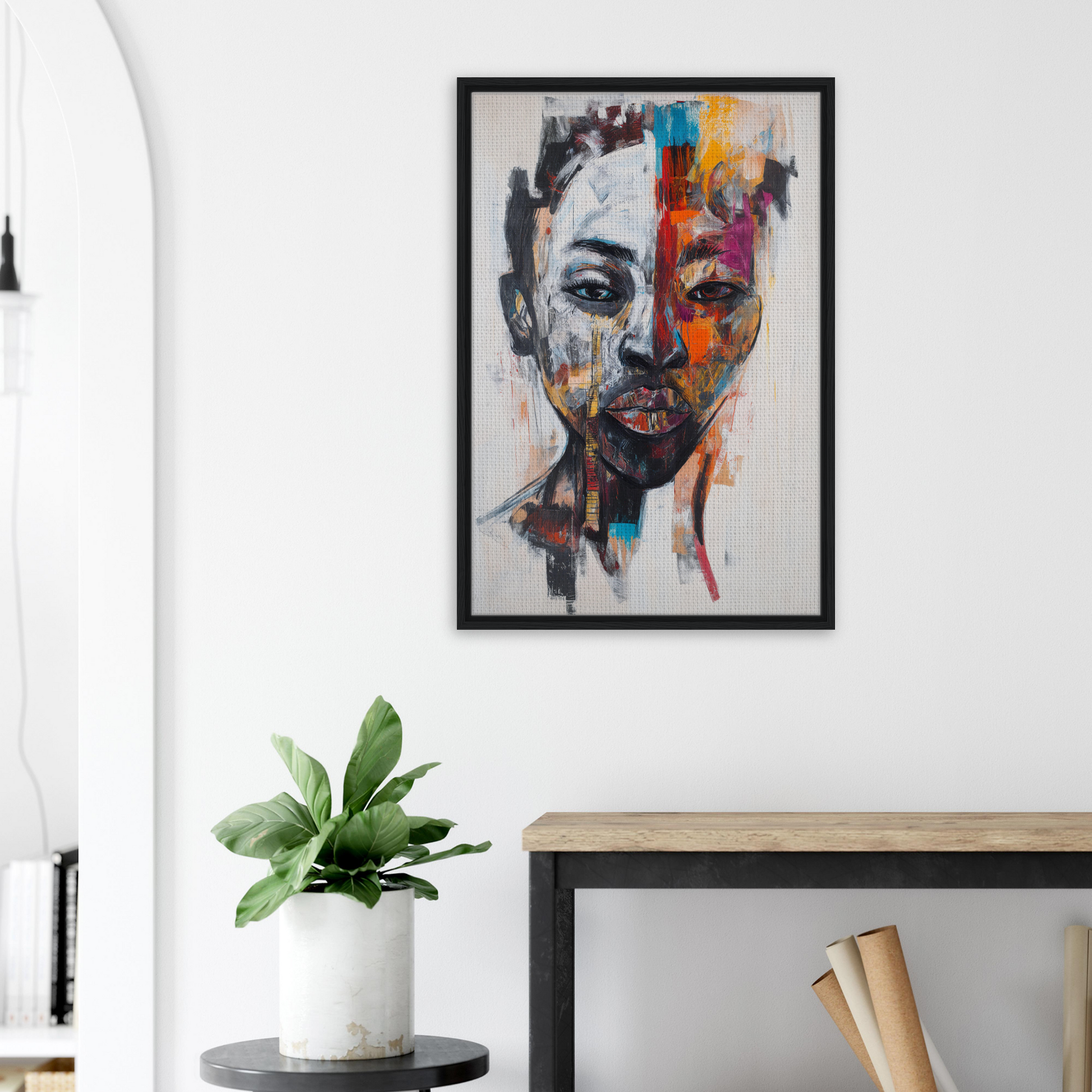 Vibrant abstract portrait painting from Chromatic Face Frenzy framed canvas print