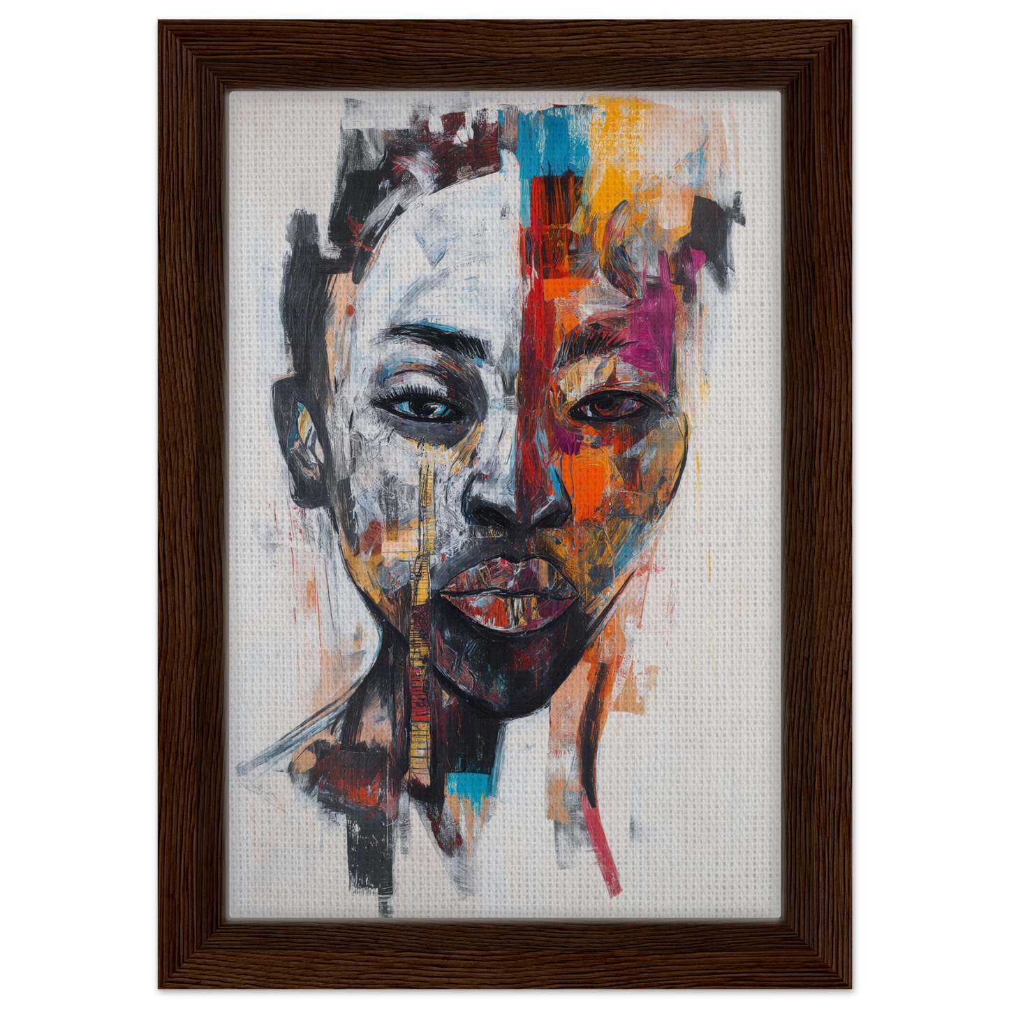 Abstract portrait painting with vibrant brushstrokes, Chromatic Face Frenzy framed canvas print