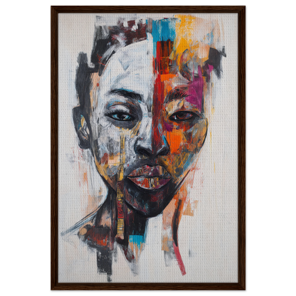 Abstract portrait painting in vibrant colors for the Chromatic Face Frenzy framed canvas print