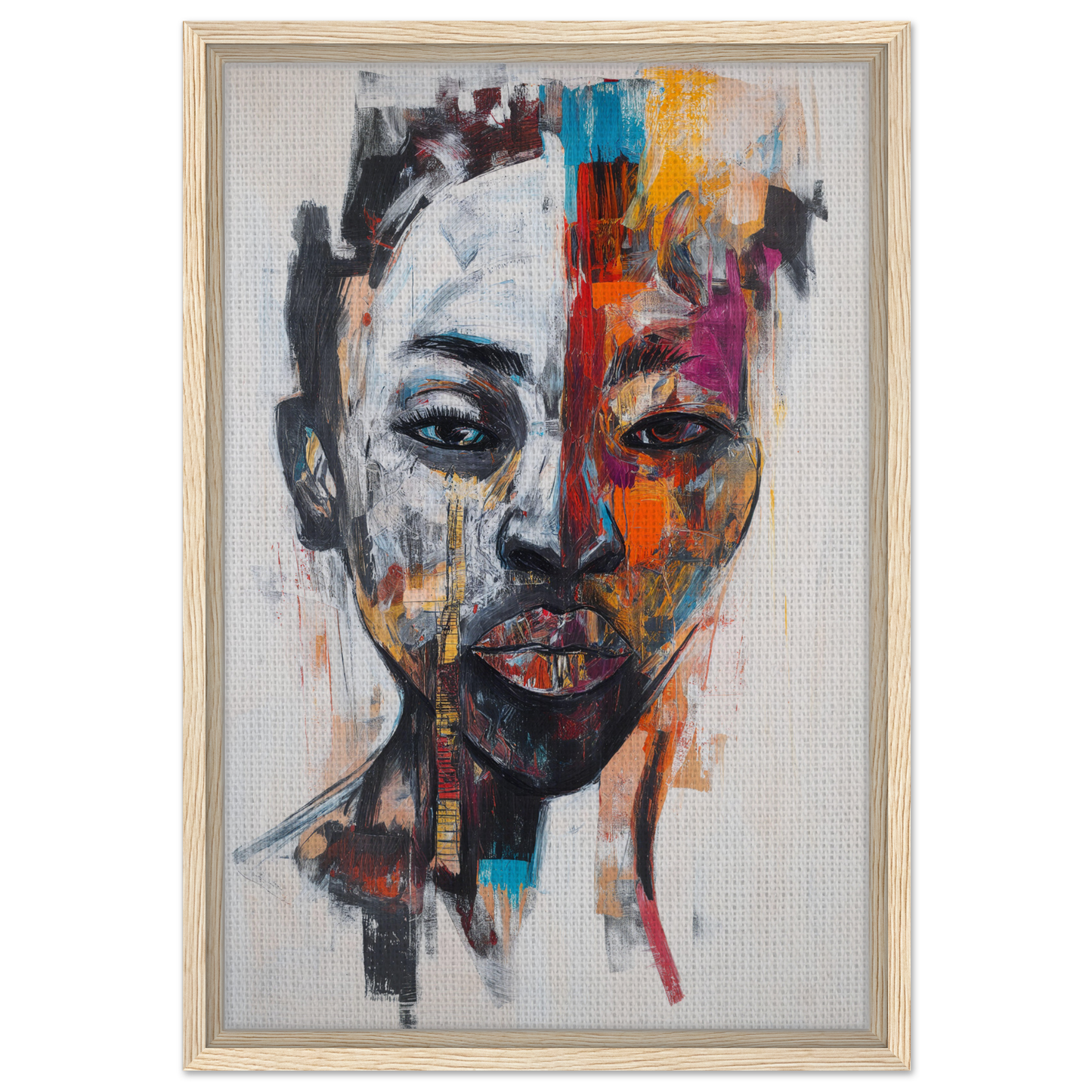 Abstract portrait painting in Chromatic Face Frenzy showcases vibrant brushstrokes for room decor