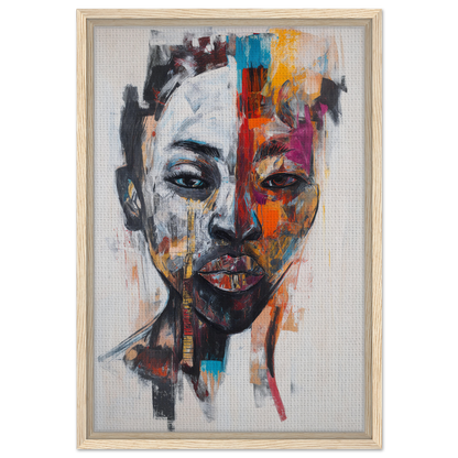 Abstract portrait painting in Chromatic Face Frenzy showcases vibrant brushstrokes for room decor