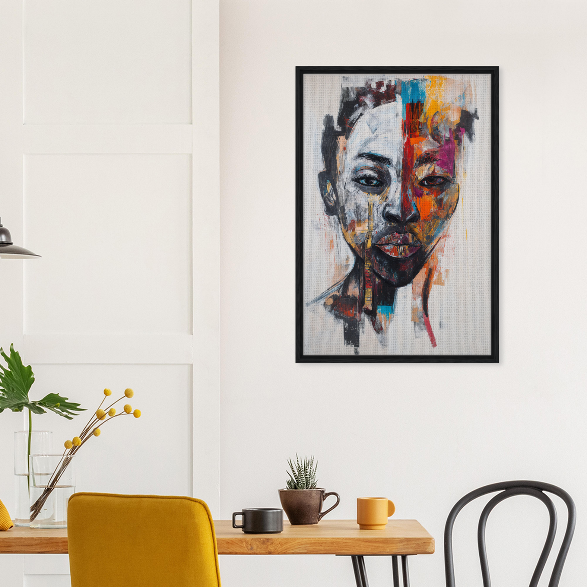 Colorful abstract portrait in a black frame from Chromatic Face Frenzy for stylish room decor