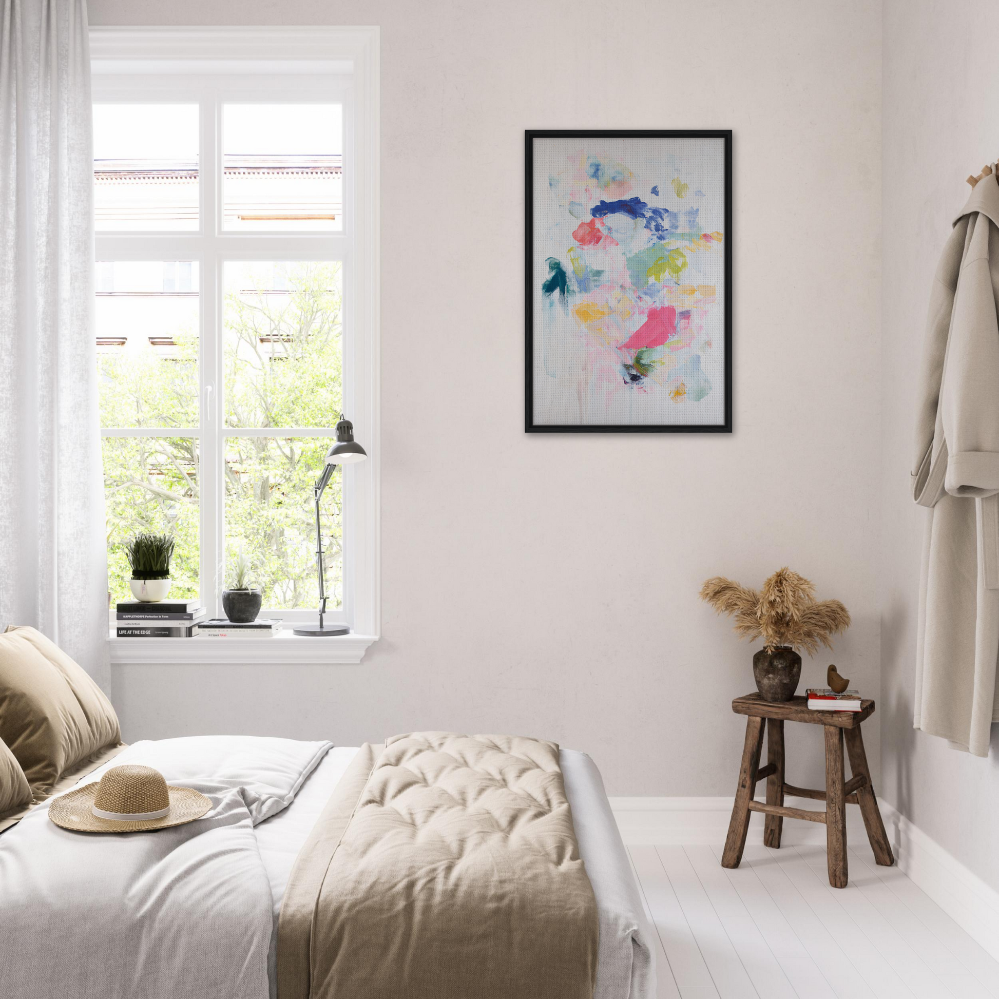 Bright, airy bedroom featuring white decor and Chromatic Jazz Revelry framed canvas print