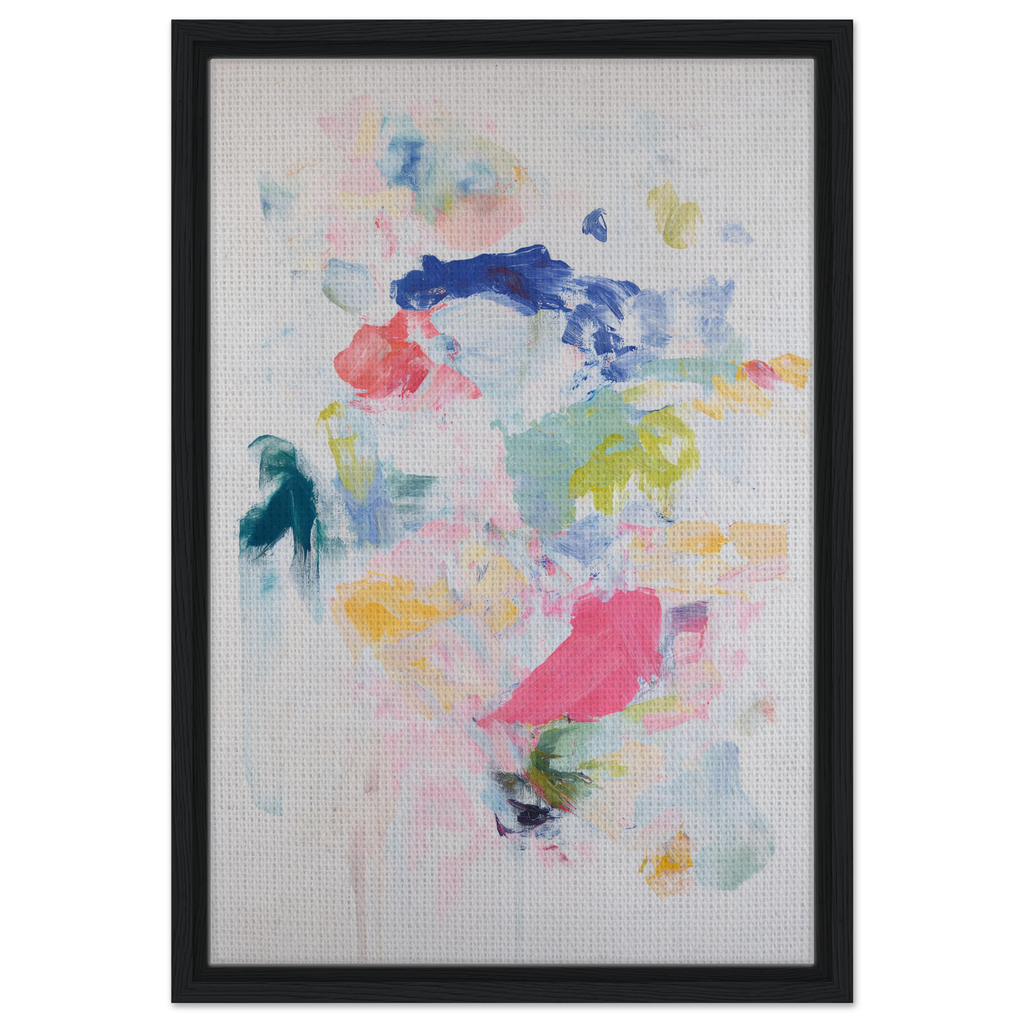 Abstract watercolor painting with pastel shapes in a black frame for Chromatic Jazz Revelry room decor