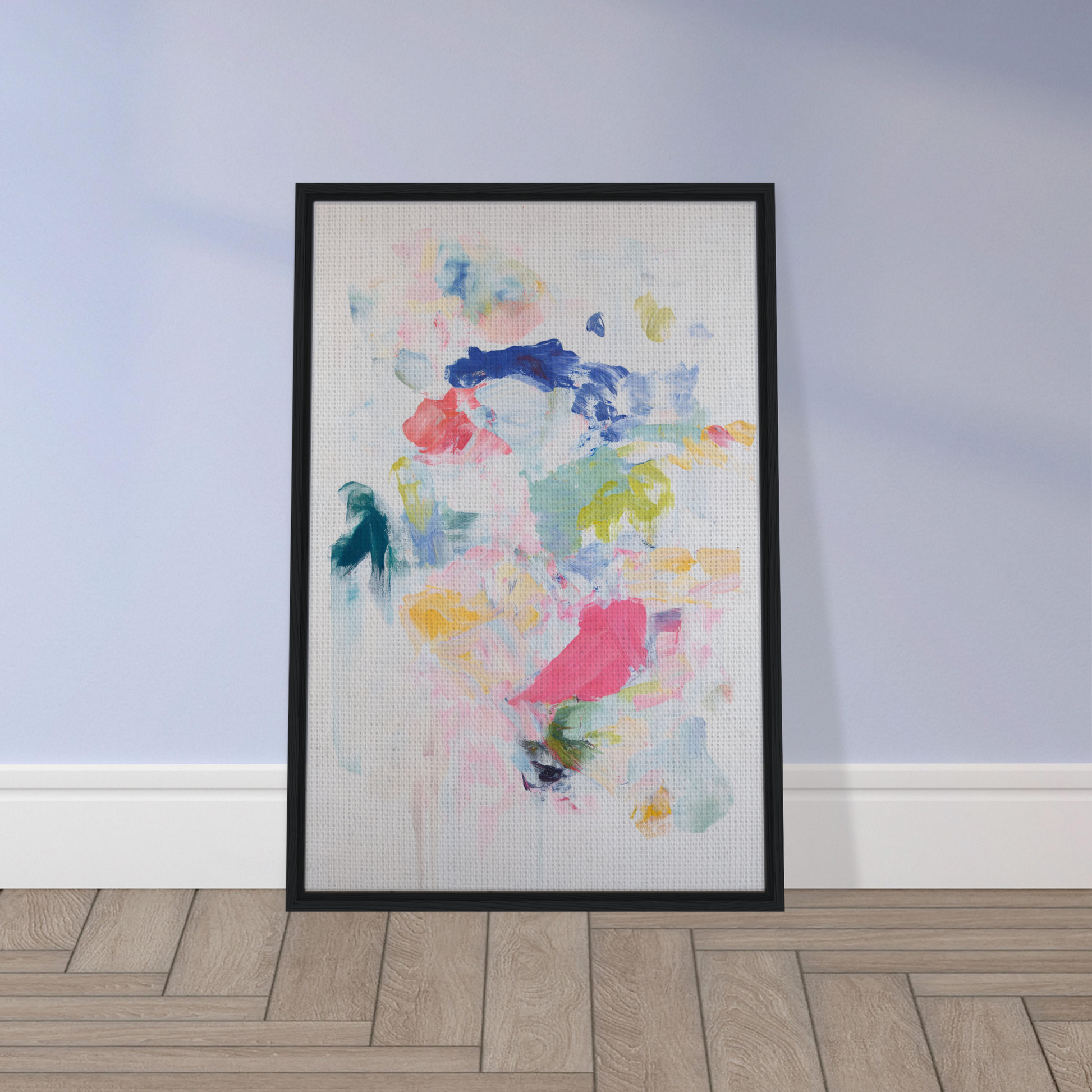 Framed canvas print of Chromatic Jazz Revelry featuring vibrant brushstrokes and shapes