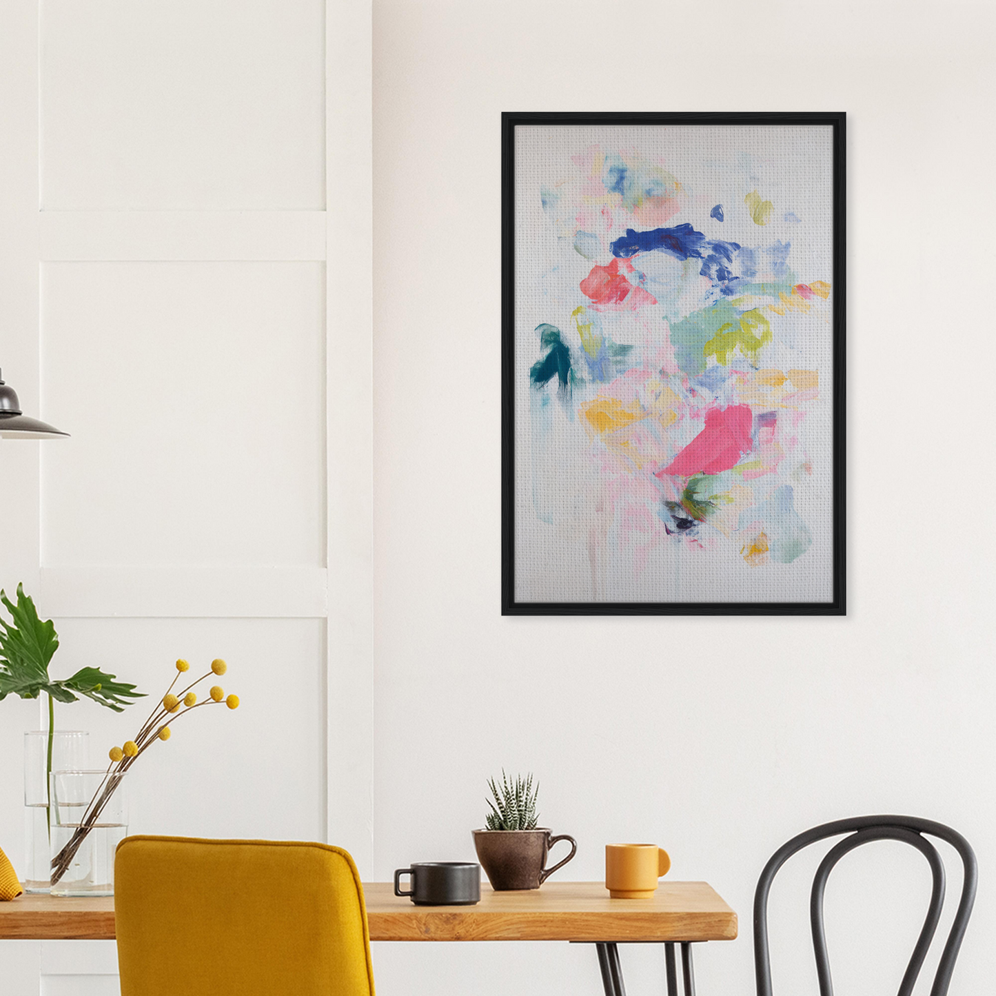 Abstract painting with colorful splotches in a black frame, chromatic jazz revelry framed canvas print