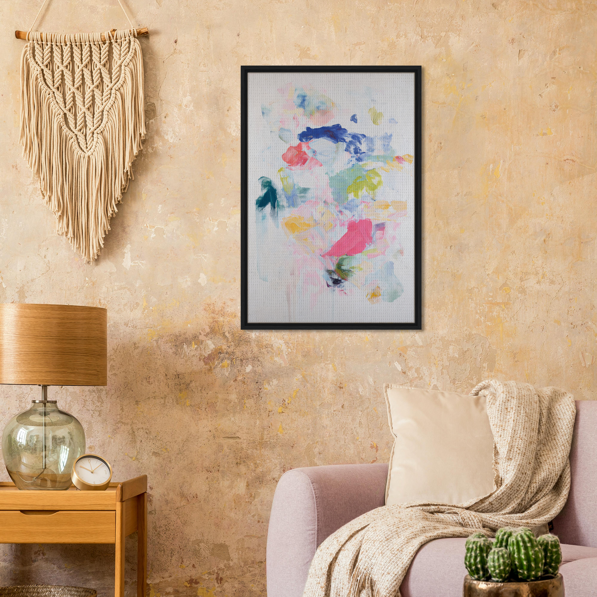 Framed canvas print of Chromatic Jazz Revelry with colorful splotches on light background