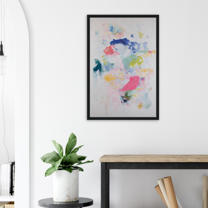 Abstract painting titled Chromatic Jazz Revelry in a black frame, framed canvas print