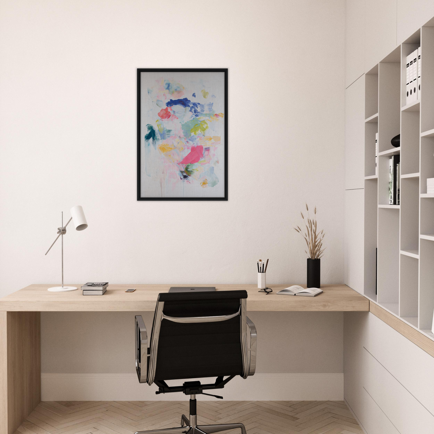 Minimalist home office with Chromatic Jazz Revelry artwork and stylish decor