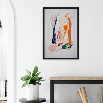 Abstract painting with vibrant brushstrokes in a black frame for Chromatic Life Forest room decor