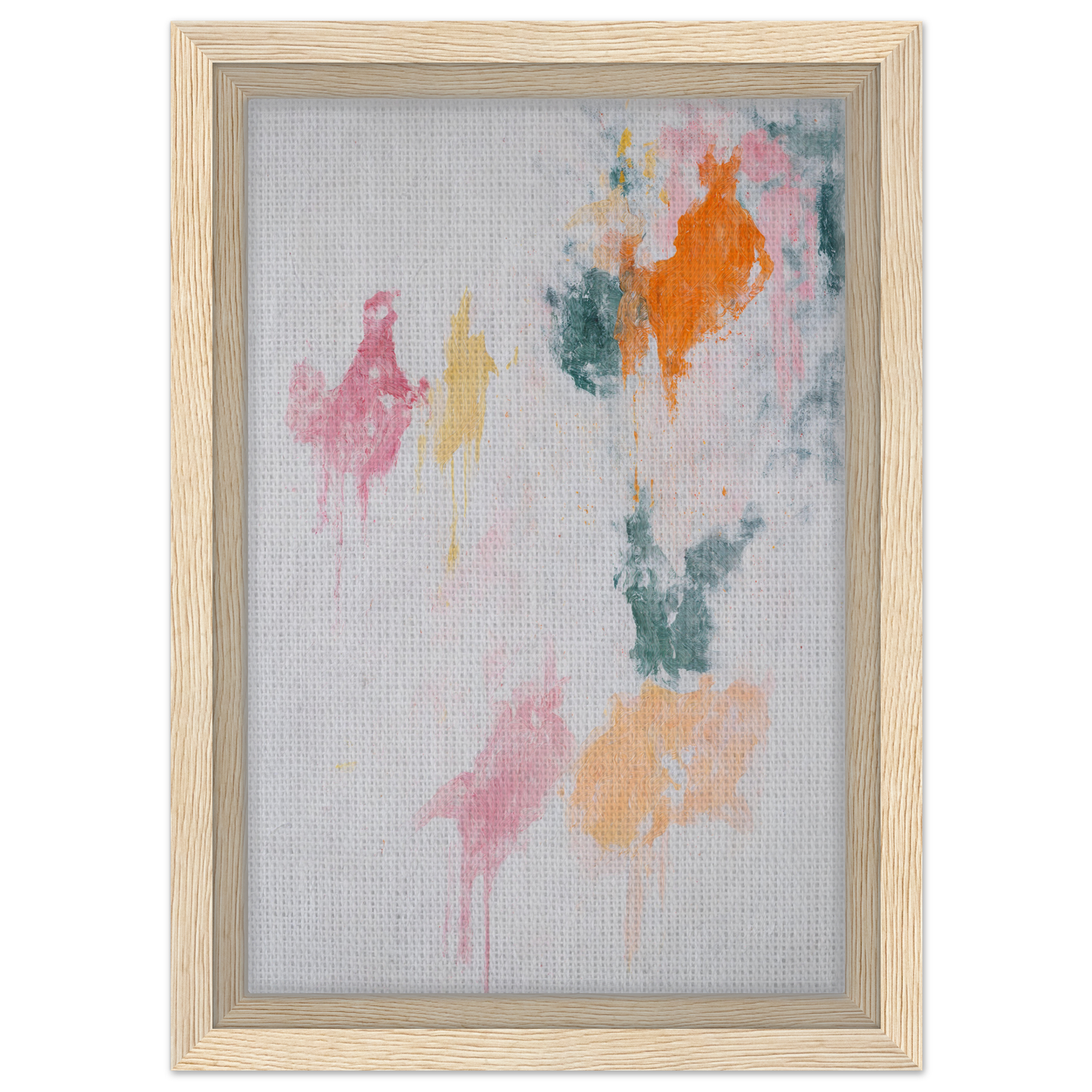 Abstract painting in a light wooden frame, part of Chromatic Rapture Dreaming collection