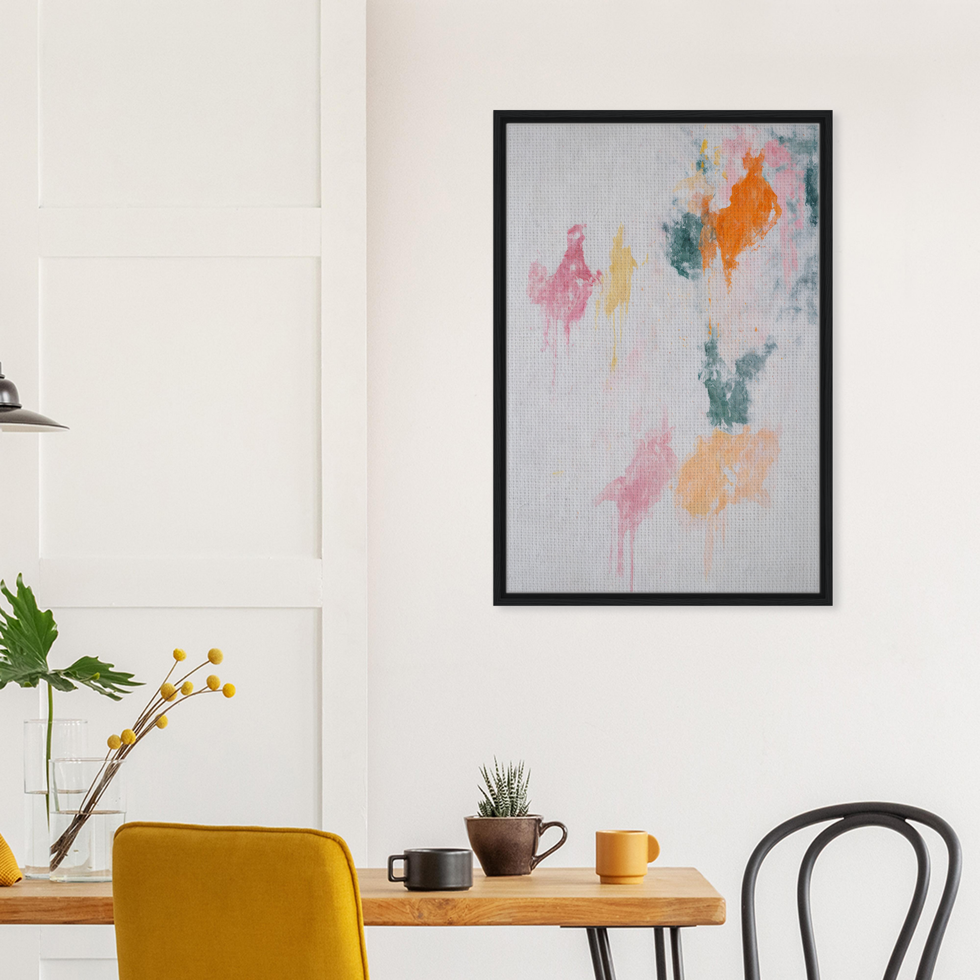 Abstract painting in a black frame featuring pastel splotches from Chromatic Rapture Dreaming