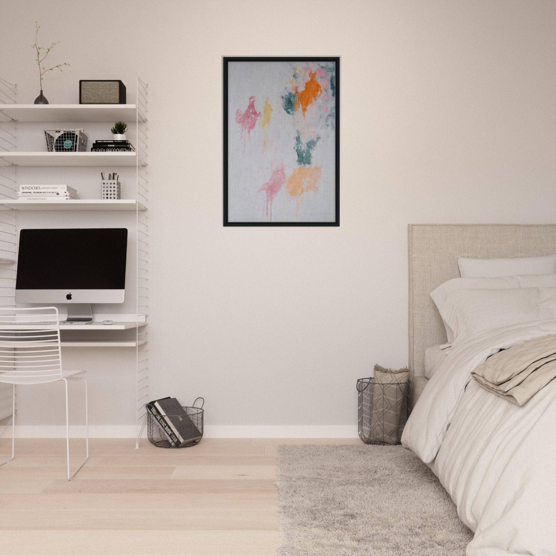 Minimalist bedroom featuring Chromatic Rapture Dreaming framed canvas print and decor