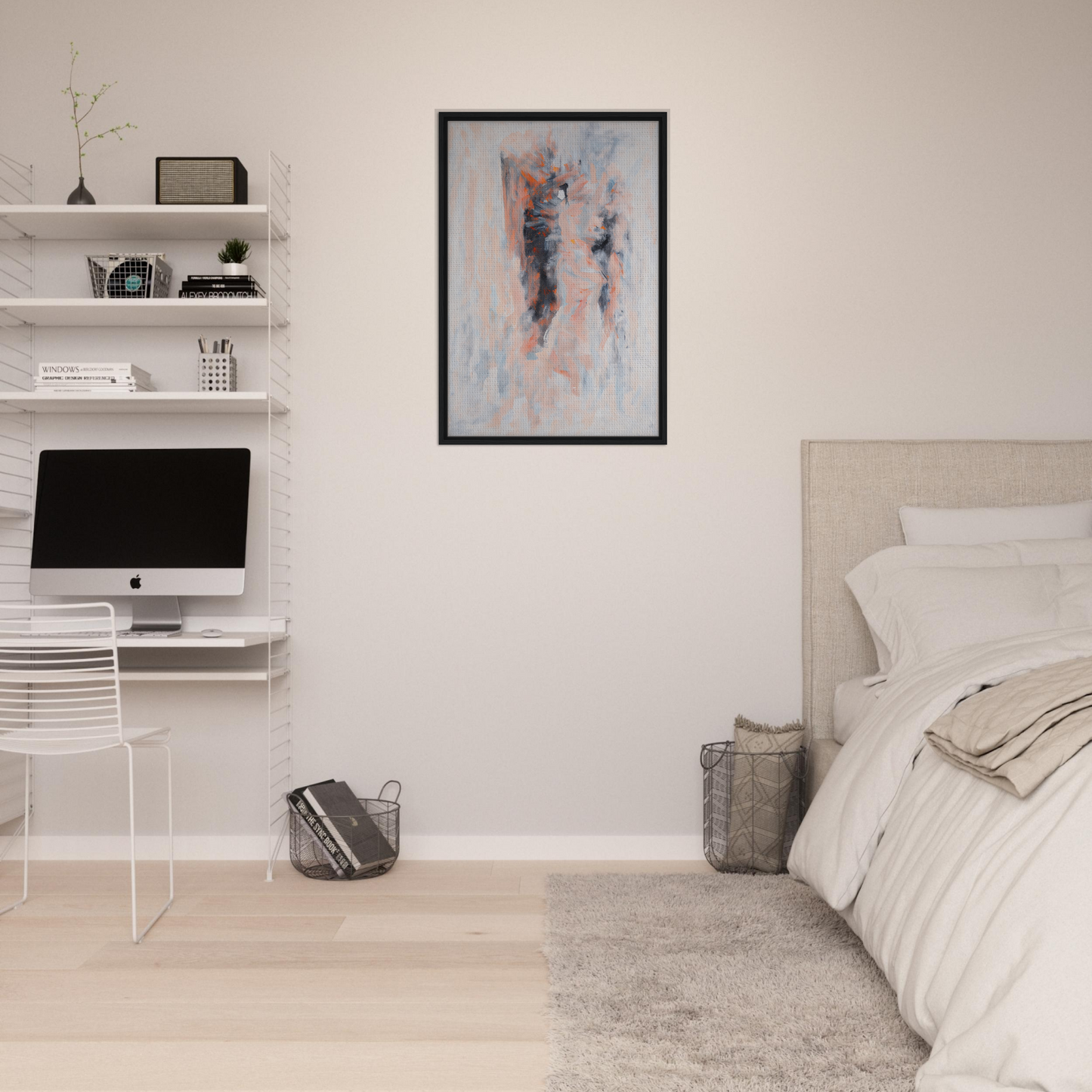 Minimalist bedroom featuring Chromatic Tango 雲兒 framed canvas print on floating shelves