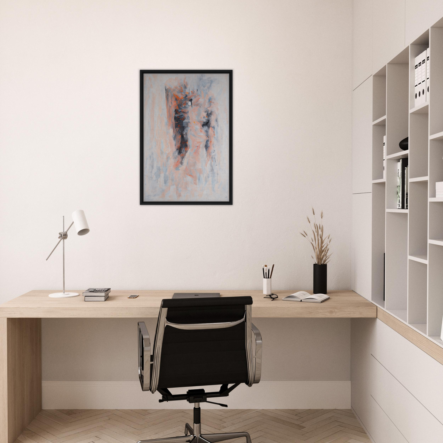 Minimalist home office featuring Chromatic Tango 雲兒 with wooden desk and abstract art