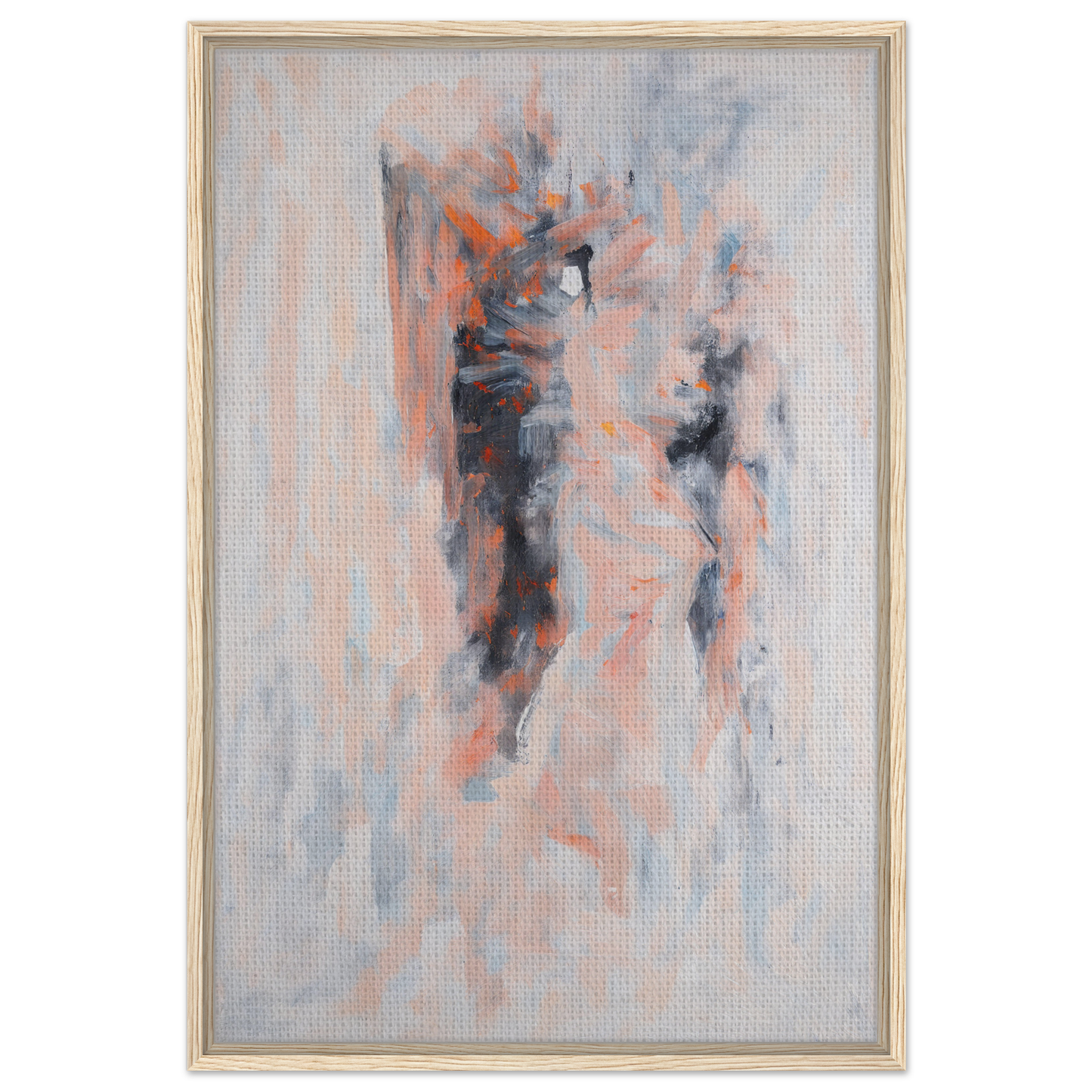 Abstract painting with blurred forms in gray, coral, and blue for Chromatic Tango 雲兒 room decor