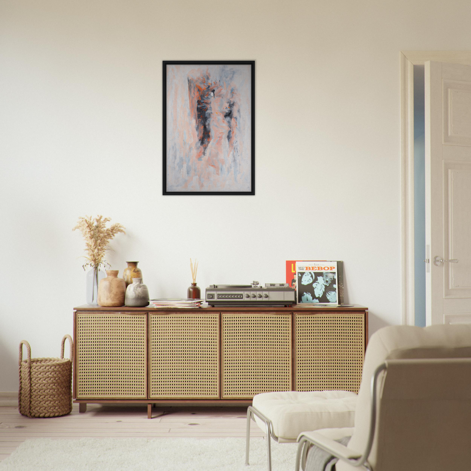 Wooden sideboard with cane-webbed doors, styled with decor atop Chromatic Tango 雲兒