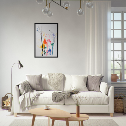 White sofa adorned with throw pillows and blankets in Chromatic Zen Arborjeta room decor