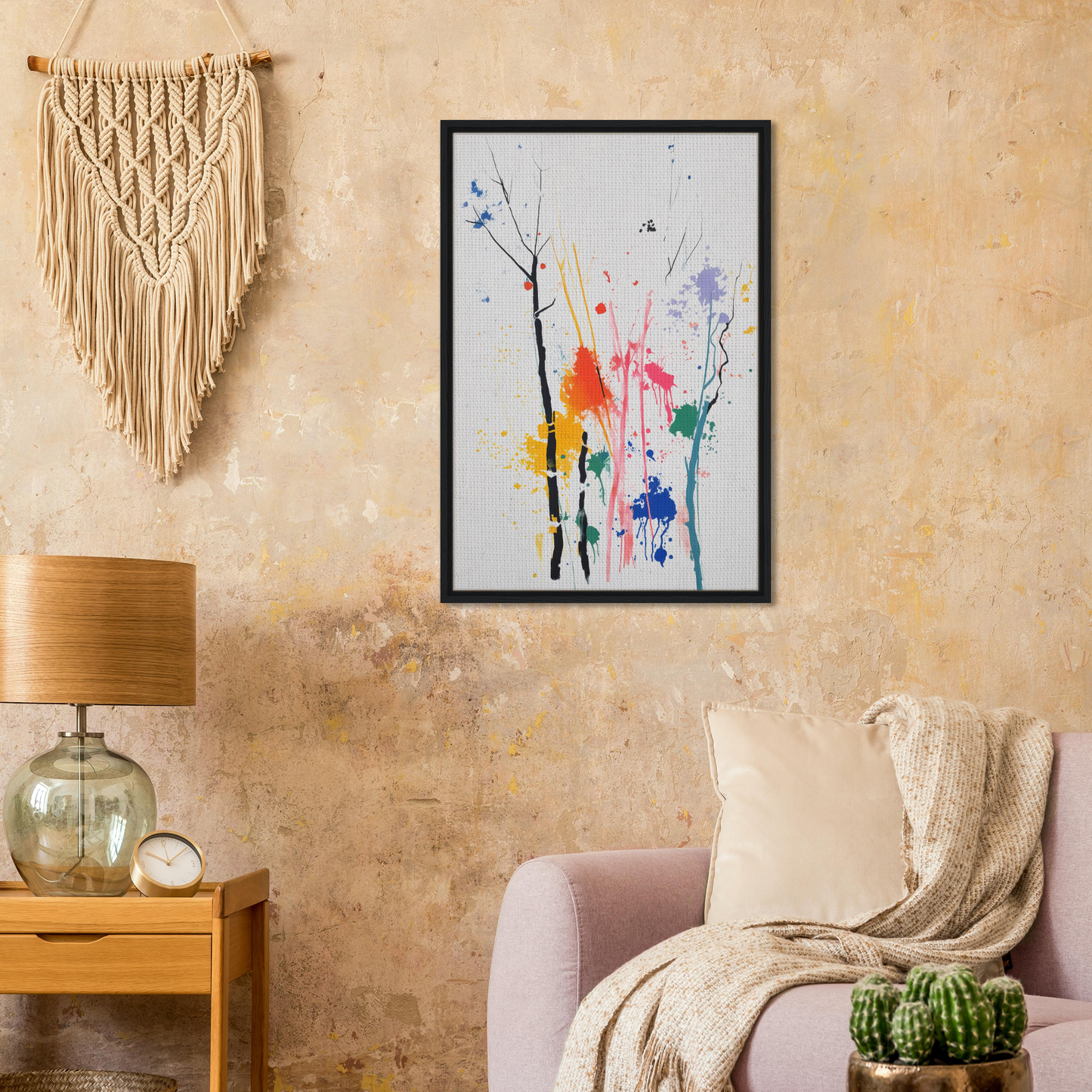 Framed canvas print of colorful floral shapes in Chromatic Zen Arborjeta design