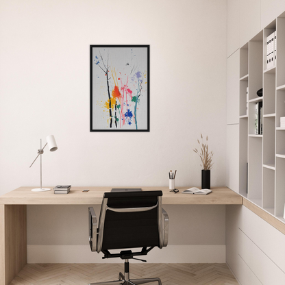 Minimalist home office featuring Chromatic Zen Arborjeta with wooden desk and vibrant artwork