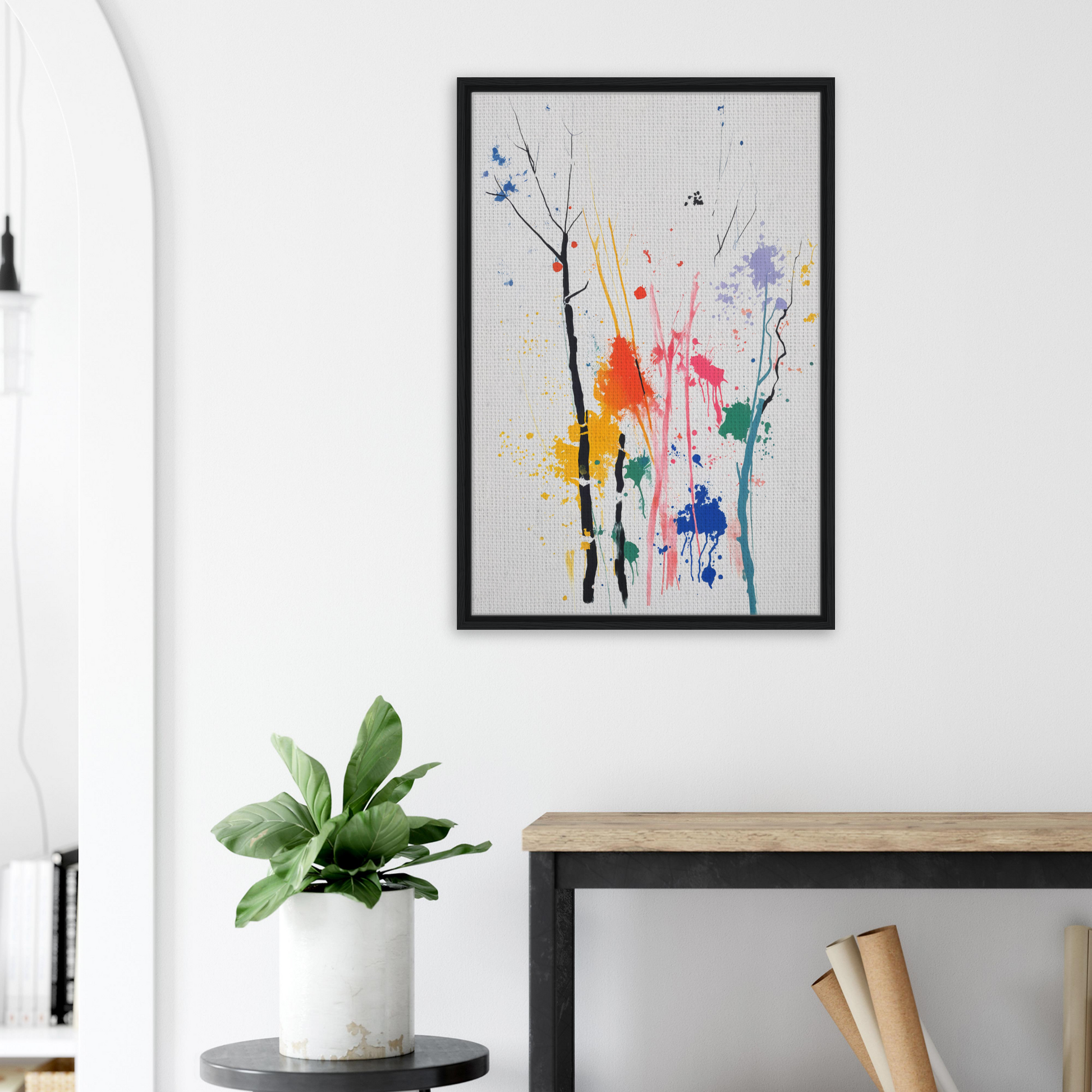 Framed abstract painting of colorful splashes and tree silhouette for Chromatic Zen Arborjeta