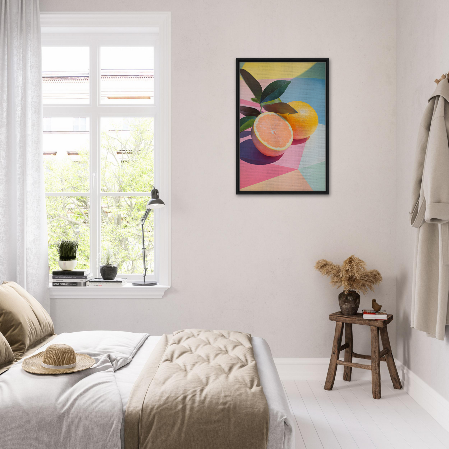 Bright abstract artwork in a black frame, showcasing Citrus Kaleidoscope Medley on a white wall