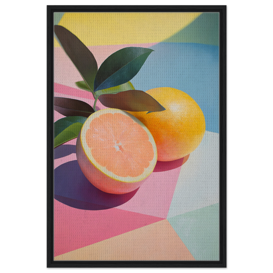 Colorful Citrus Kaleidoscope Medley framed canvas print on a geometric background