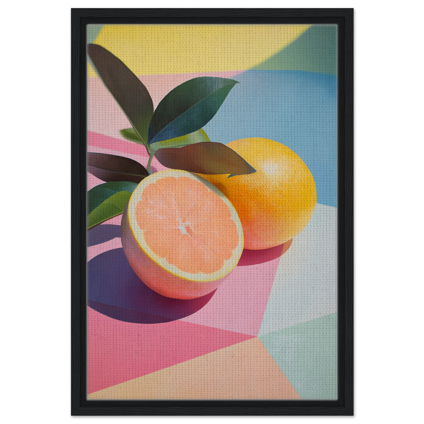 Vibrant framed canvas print of Citrus Kaleidoscope Medley featuring geometric citrus fruits