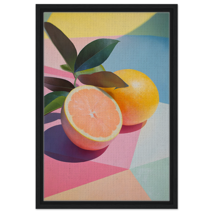 Vibrant framed canvas print of Citrus Kaleidoscope Medley featuring geometric citrus fruits