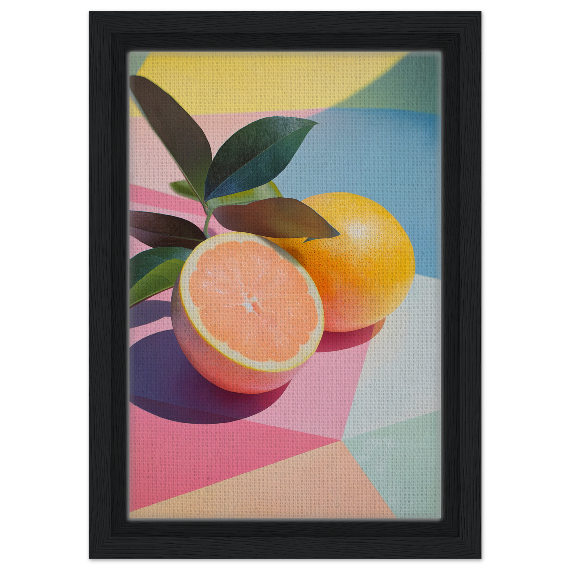 Colorful Citrus Kaleidoscope Medley painting with leaves on framed canvas print