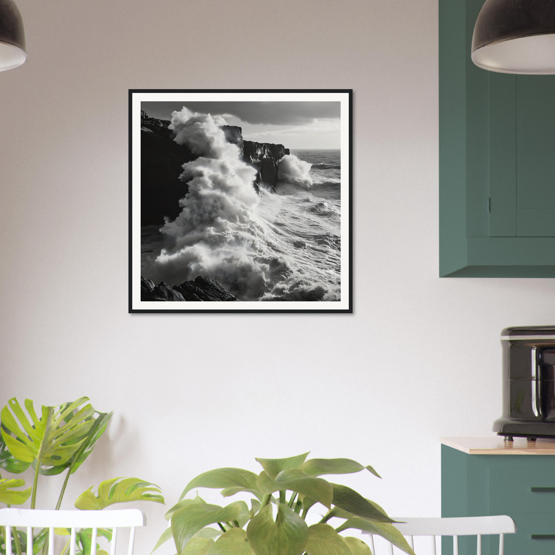 Black and white framed seascape of crashing waves, Cliffs’ Chaotic Ballet artwork