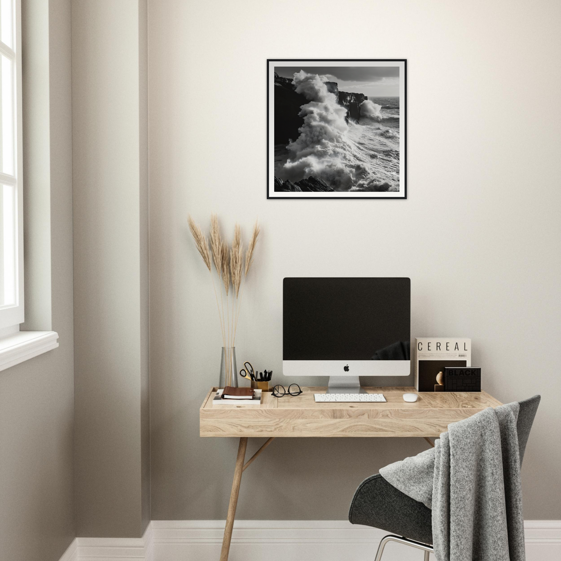 Minimalist wooden desk with iMac and pampas grass in Cliffs’ Chaotic Ballet style